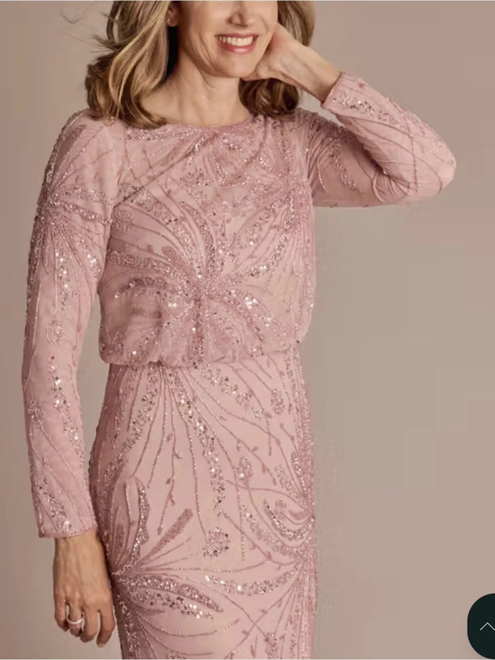 Elegant Long Sleeve Blouson Beaded Evening Gown - Blush Pink